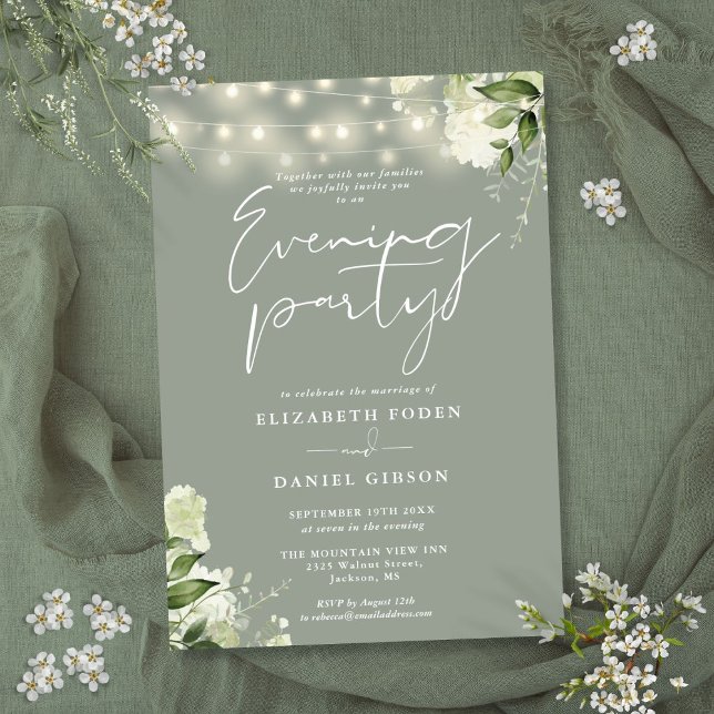 Sagegrön kransslinga för bröllop kvällsfest inbjudningar (Sage Greenery String Lights Wedding Evening Party Invitation)