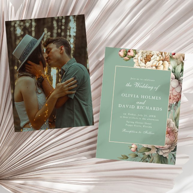 Sagegrön Krysantemumträdgård Foto Bröllopsinbjudan Inbjudningar (Pastel Sage & Blush Peony Custom Photo Wedding Invitation on a sunny neutral dry palm leaf.)