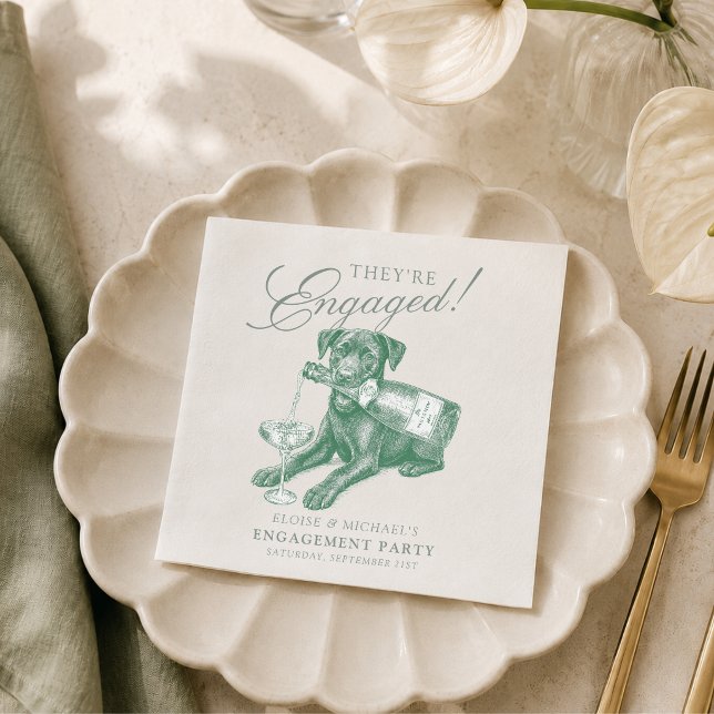 Sagegrön Labrador Retriever Champagne Förlovning Pappersservett (Sage Green Labrador Retriever Champagne Engagement Napkins)