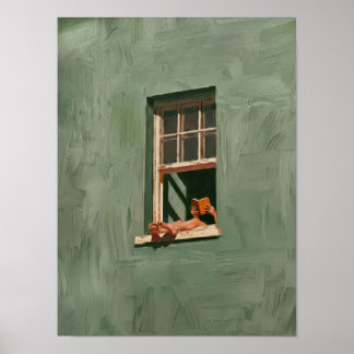 Sagegrön läsning vid fönster oljemålning konsttryc poster