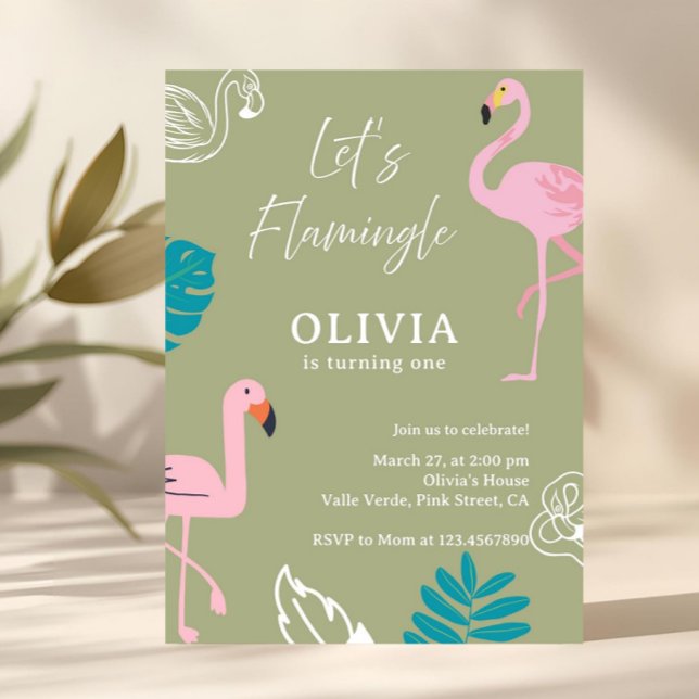 Sagegrön Låt oss Flamingle Flamingo Födelsedag Inbjudningar (pink flamingo
tropical birthday
summer birthday
girl birthday party
flamingo invitation
tropical par)