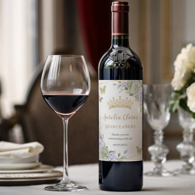Sagegrön lila blommig guld Quinceañera födelsedag Vinflaska Etikett (Skapare uppladdad)