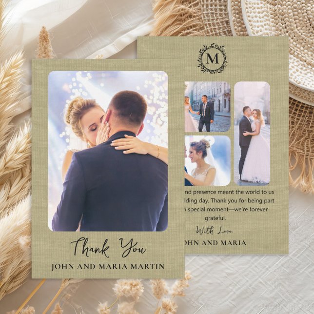 Sagegrön Linne Bröllopsfotocollage Tack Kort (Elegant sage green linen design wedding photo collage Thank You card)