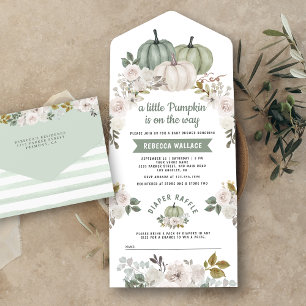 Sagegrön liten pumpa vit blommande baby shower