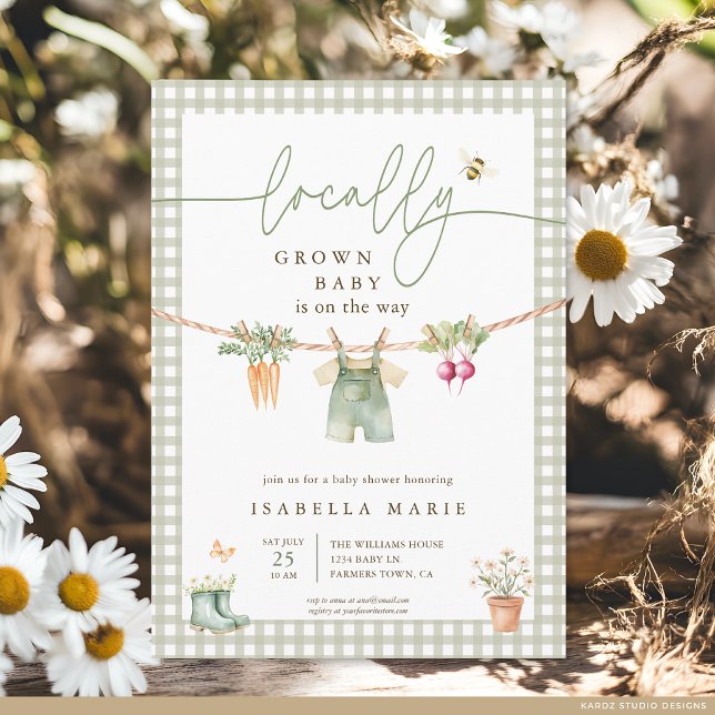Sagegrön Lokalt Odlad Bebisdusch Inbjudningar (The front of the baby shower invite is shown at a 5x7-inch size. Choose paper, + corner style.)