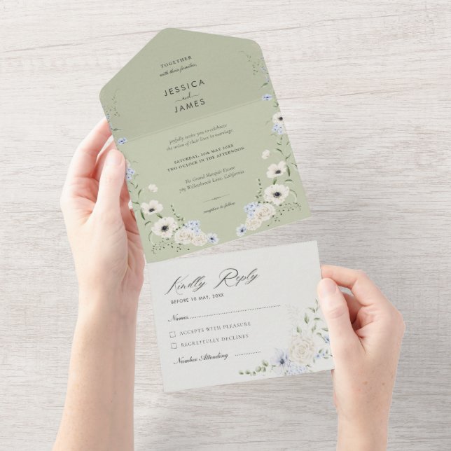 Sagegrön | Löstagbar RSVP | Minimalistisk Bröllops (Avrivbar del)