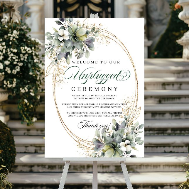 Sagegrön lövverk Avstängd Ceremoni Bröllopsskylt Poster (Sage Green Foliage Unplugged Ceremony Wedding Poster)