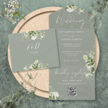 Sagegrön lövverk Floral QR-kod Monogram Bröllop