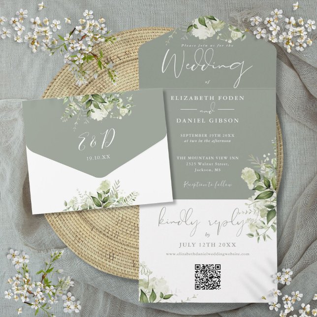 Sagegrön lövverk QR-kod monogram bröllop (Sage Green Foliage QR Code Monogram Wedding All In One Invitation)