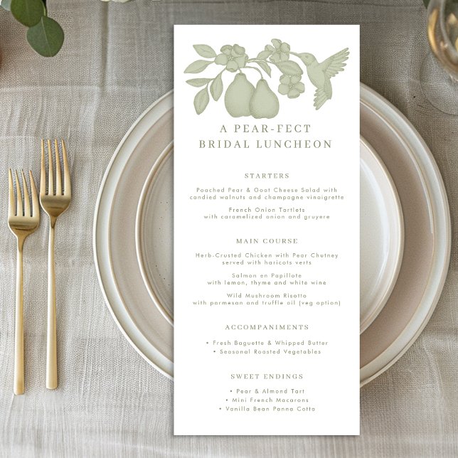 Sagegrön menykort för bröllopslunch med perfekt pä reklamkort (Menu)