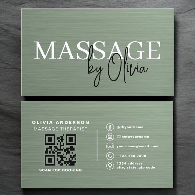 Sagegrön metallisk QR-kod för massageterapeut  Visitkort (Skapare uppladdad)