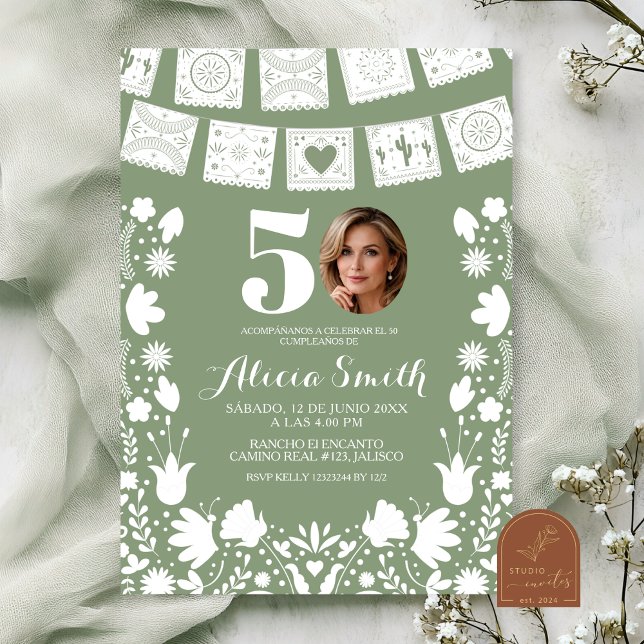 Sagegrön mexikansk Cielito Lindo 50-års födelsedag Inbjudningar (Skapare uppladdad)