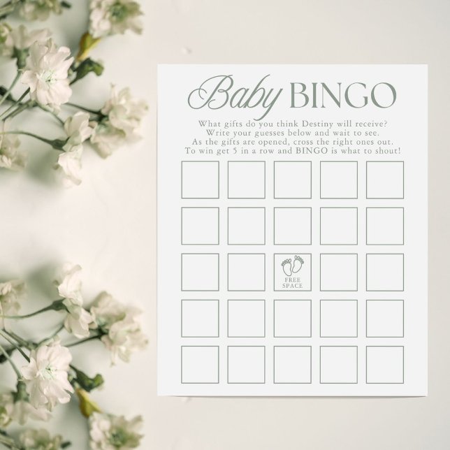 Sagegrön Minimal Baby Shower Bingo-spel (Skapare uppladdad)