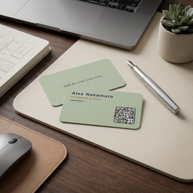 Sagegrön Minimal QR-kod Tech Grundare Startup Visitkort (Sage Green Minimal QR Code Tech Founder Startup Business Card)