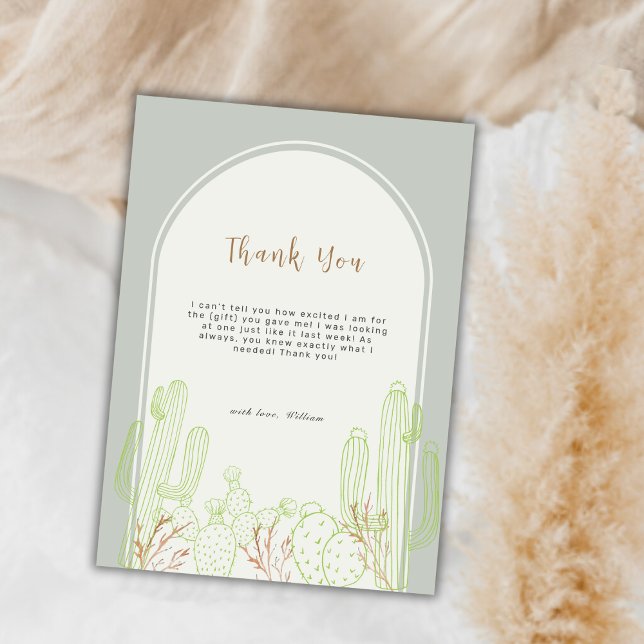 Sagegrön minimalistisk boho-kaktusbåge baby shower tack kort (Sage Green Minimalist Boho Cactus Arch Baby Shower Thank You Card)