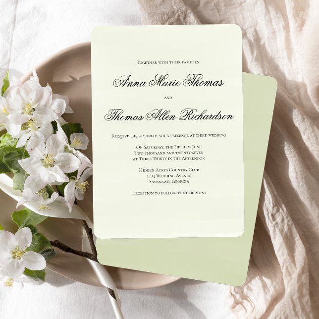 Sagegrön minimalistisk botanisk elegant bröllop inbjudningar (Sage green minimalist wedding invitation with elegant script and clean layout.)