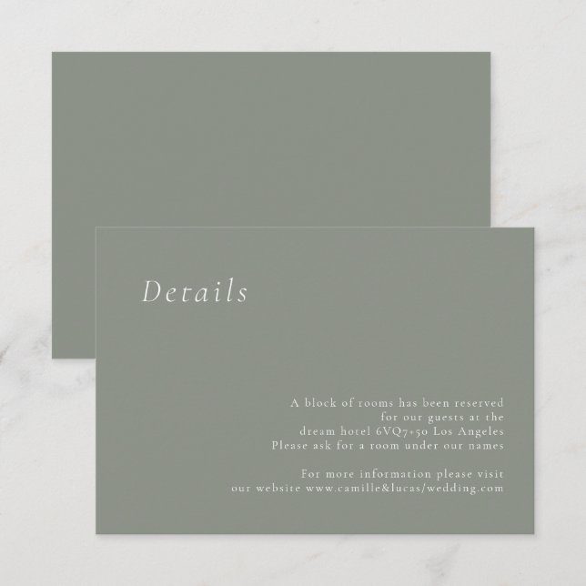Sagegrön minimalistisk elegant brölloppsdetaljkort OSA kort (Fram/baksida)