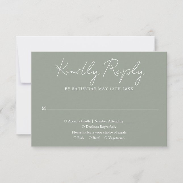 Sagegrön minimalistisk elegant script bröllop OSA kort (Framsida)