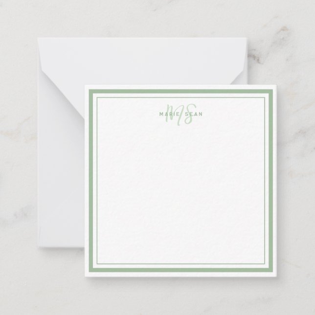 Sagegrön minimalistisk enkel monogram två ramar anteckningskort (Framsida)