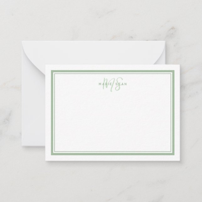 Sagegrön minimalistisk enkel monogram två ramar anteckningskort (Framsida)