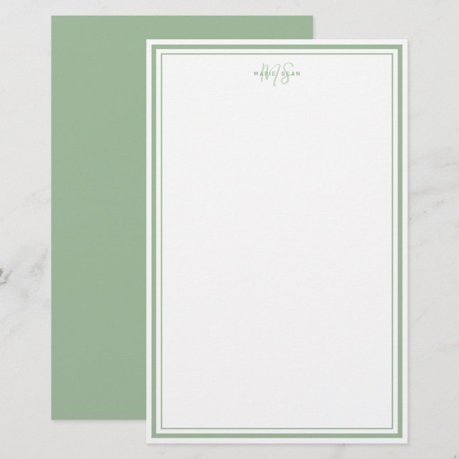 Sagegrön minimalistisk enkel monogram två ramar  brevpapper (Fram/baksida)