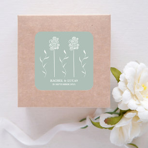 Sagegrön minimalistisk lockig blommig fyrkant fyrkantigt klistermärke