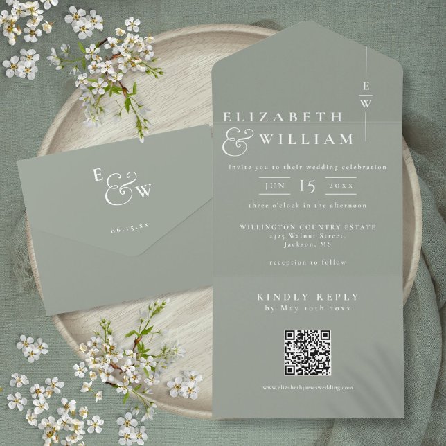 Sagegrön minimalistisk monogram QR-kod bröllop (Sage Green Minimalist Monogram QR Code Wedding All In One Invitation)