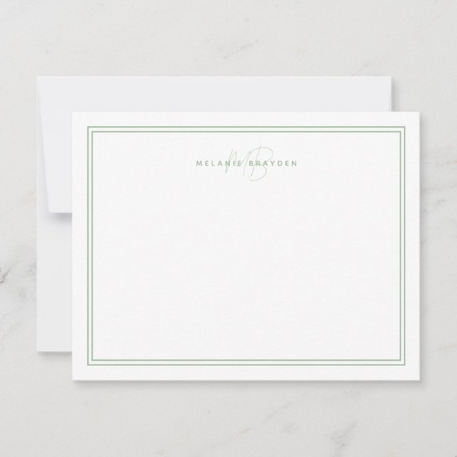 Sagegrön minimalistisk monogram två ramar 4.25x5.5 anteckningskort (Framsida)