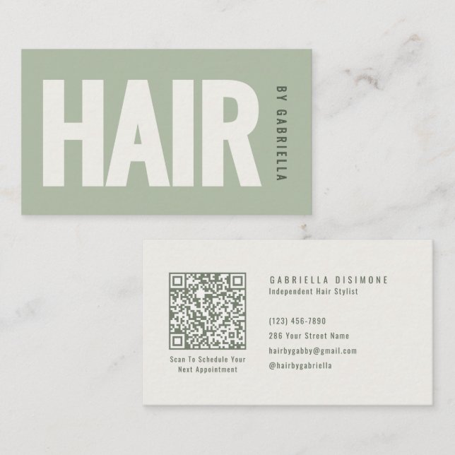 Sagegrön minimalistisk QR-kod för frisör Visitkort (Fram/baksida)