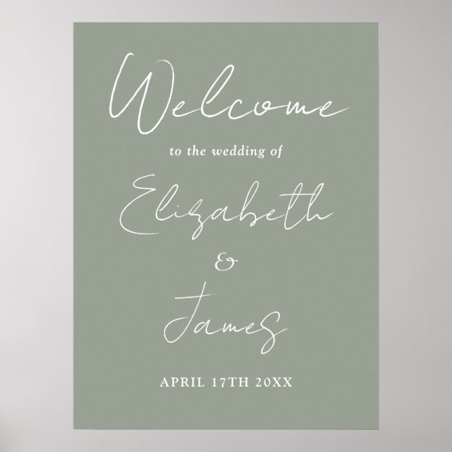Sagegrön minimalistisk script vigsel välkomstskylt poster (Framsidan)