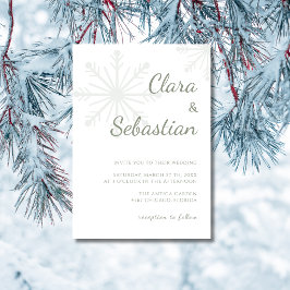 Sagegrön minimalistisk snöflinga julbröllop inbjudningar
