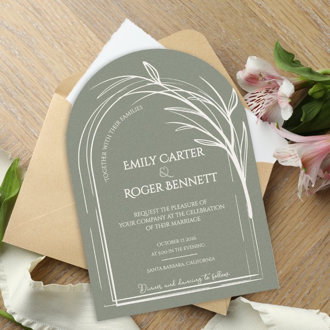 Sagegrön minimalistisk välvd botanisk bröllopsdeko inbjudningar (Sage Green Minimalist Arch Botanical Wedding Invitation | Modern Elegant Wedding Invite)