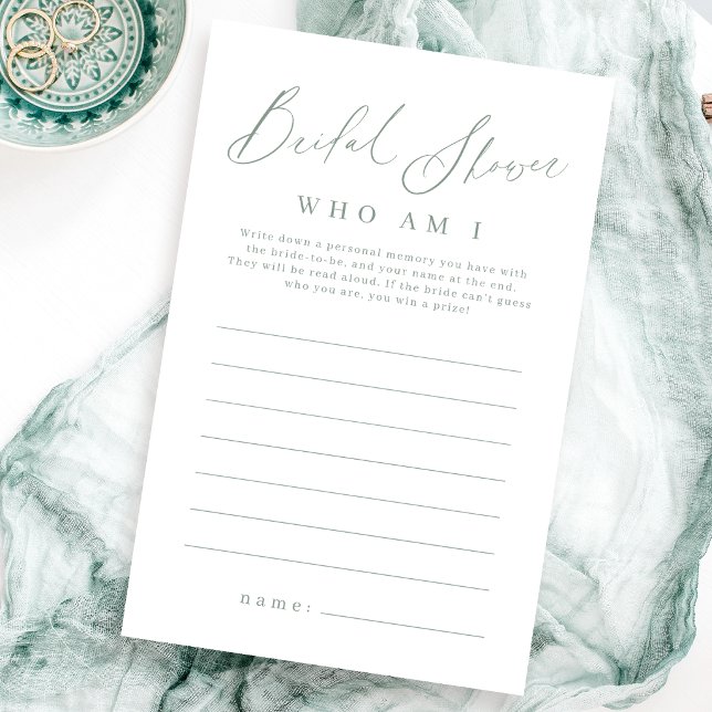 Sagegrön minimalistisk vem är jag bröllopsduschspe (Sage green minimalist who am I bridal shower game)