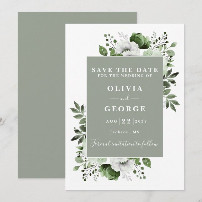 Sagegrön modern akvarell blomsterbröllop spara datumet (Fram/baksida)