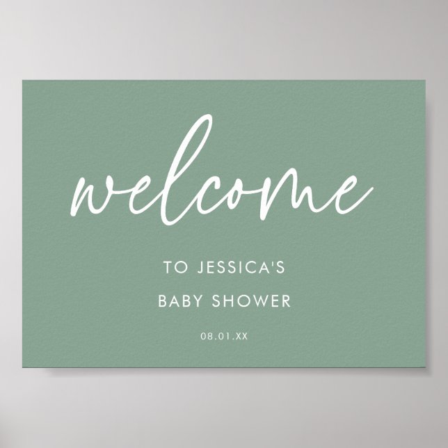 Sagegrön modern boho-baby shower-välkomstskylt poster (Framsidan)