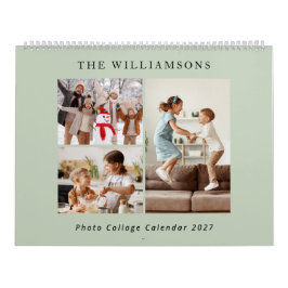 Sagegrön modern familjefotocollage 2027 kalender
