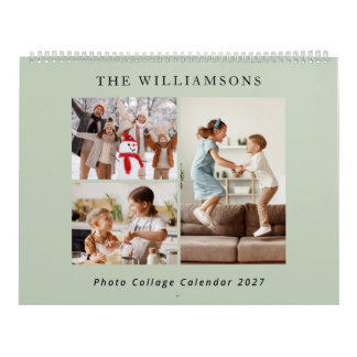 Sagegrön modern familjefotocollage 2027 kalender