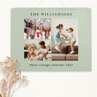 Sagegrön modern familjefotocollage 2027 kalender