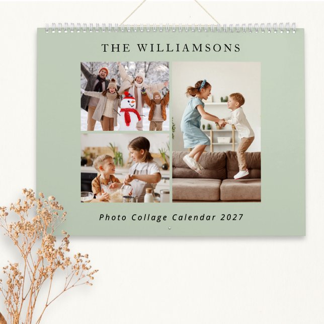 Sagegrön modern familjefotocollage 2027 kalender (A green wall calendar to personalize with a photo collage for each month, family name and the year)