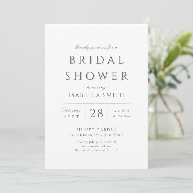 Sagegrön Modern Klassisk Lyx Bröllopsdusch Inbjudningar (Stående Fram)