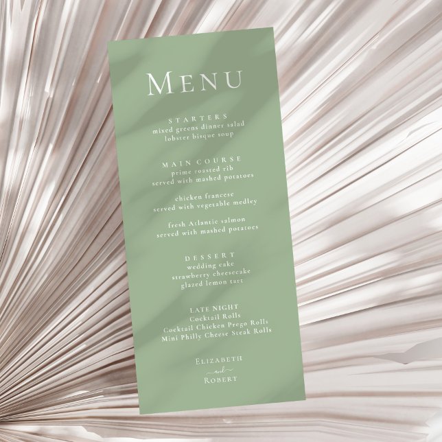 Sagegrön Modern Minimalist Bröllopsmeny Meny (Sage Green Modern Minimalist Wedding Menu on a sunny neutral dry palm leaf.)