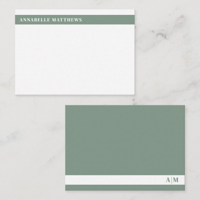 Sagegrön Modern Minimalistisk Namnmonogram Anteckningskort (Fram/baksida)