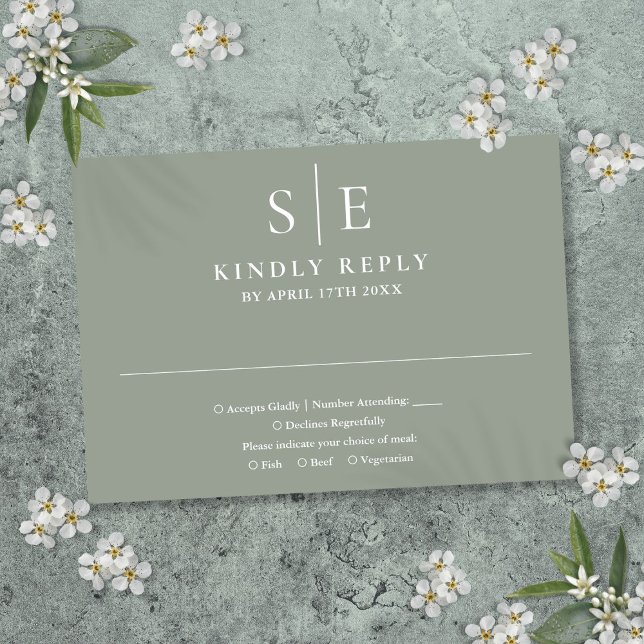 Sagegrön modern monogram bröllop OSA kort (Sage Green Modern Monogram Wedding RSVP Card)