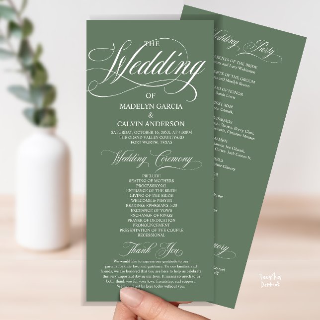 Sagegrön Modern Skrift Bröllop Allt-i-Allt Program (Modern Script All In One Wedding Program Card in Sage Green)