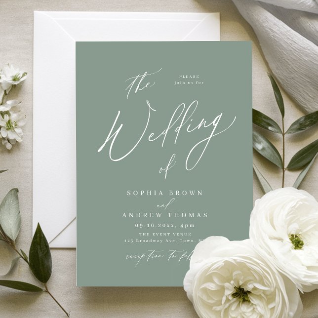 Sagegrön modern skript minimalistisk bröllop inbjudningar (Sage Green modern script minimalist wedding Invitation)