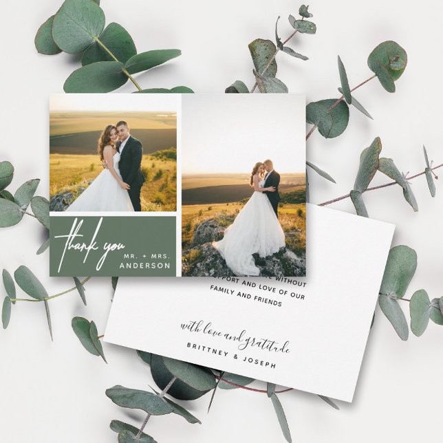 Sagegrön modernt manus 2 Foto Bröllop Tack (Two photo hand lettered thank you wedding card with a minimalistic design perfect for any couple.)