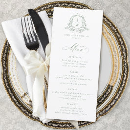 Sagegrön monogram blomkrans elegant bröllop meny