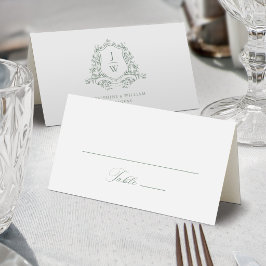 Sagegrön Monogram Blommig Vapen Elegant Bröllop Placeringskort