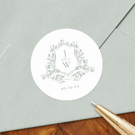 Sagegrön Monogram Blommig Vapen Elegant Bröllop Runt Klistermärke