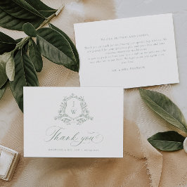 Sagegrön monogram blommig vapensköld elegant bröll tack kort